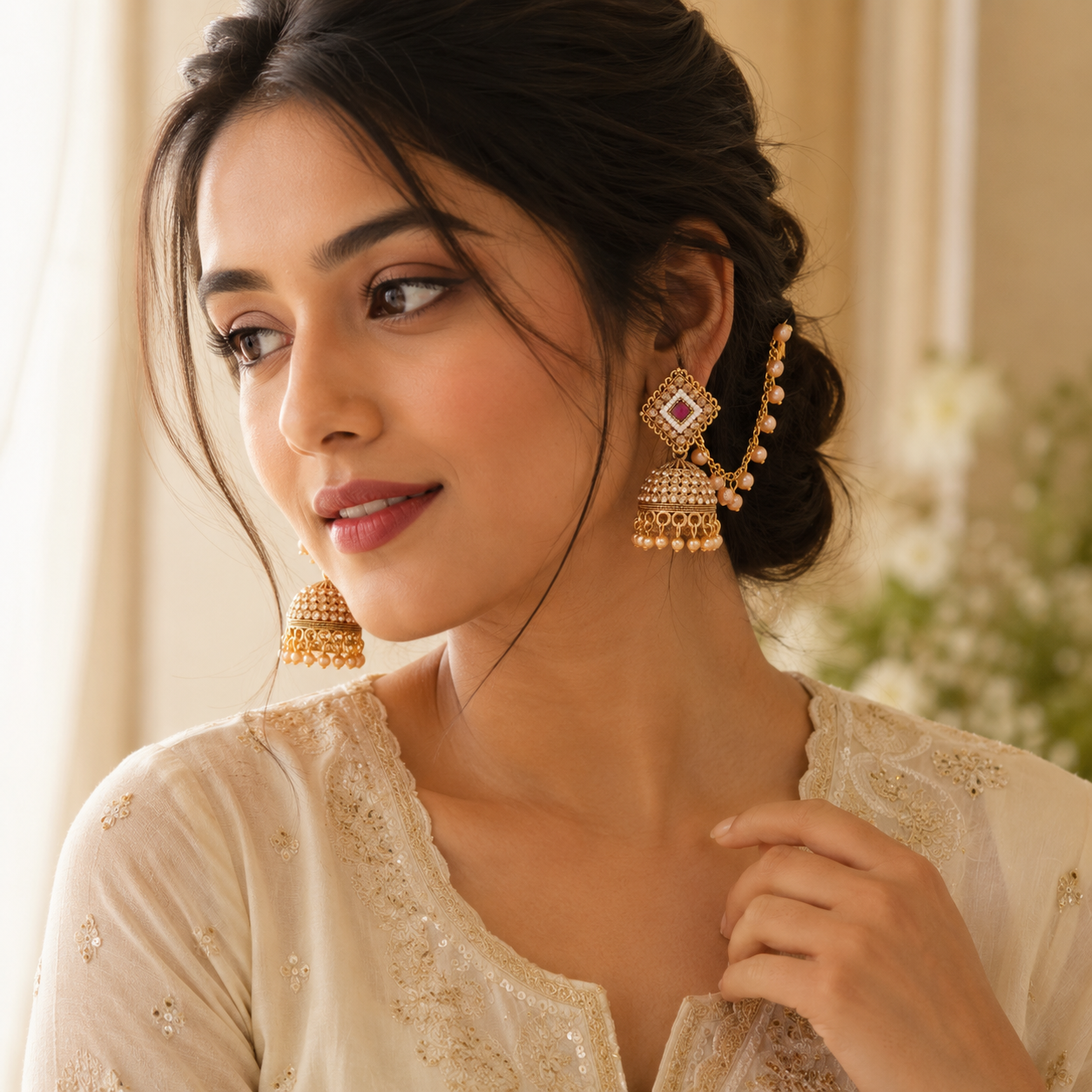 Anti Tarnish crystal Gold Jhumka Earrings with Pearl Chain