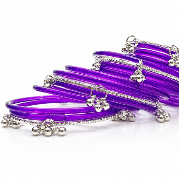 Stylish Purple Transparent Bangles with Silver Charm Design – Trendy Kashmiri Churi Set