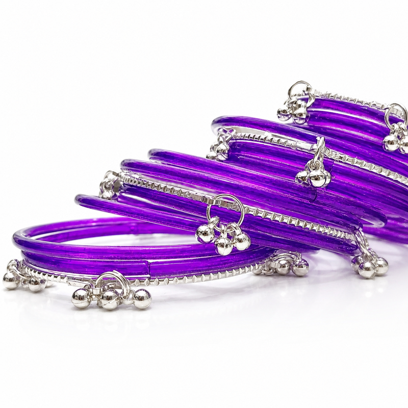Stylish Purple Transparent Bangles with Silver Charm Design – Trendy Kashmiri Churi Set