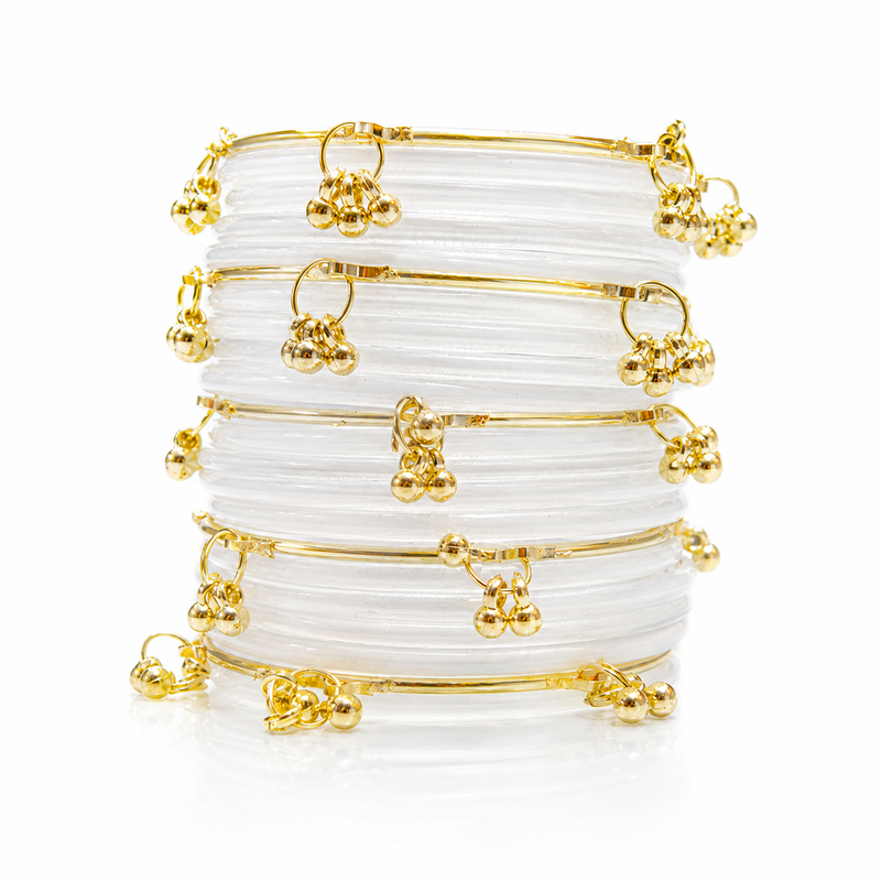 White Jelly Kashmiri Bangles Set with Gold Ghungroo – Elegant Bridal