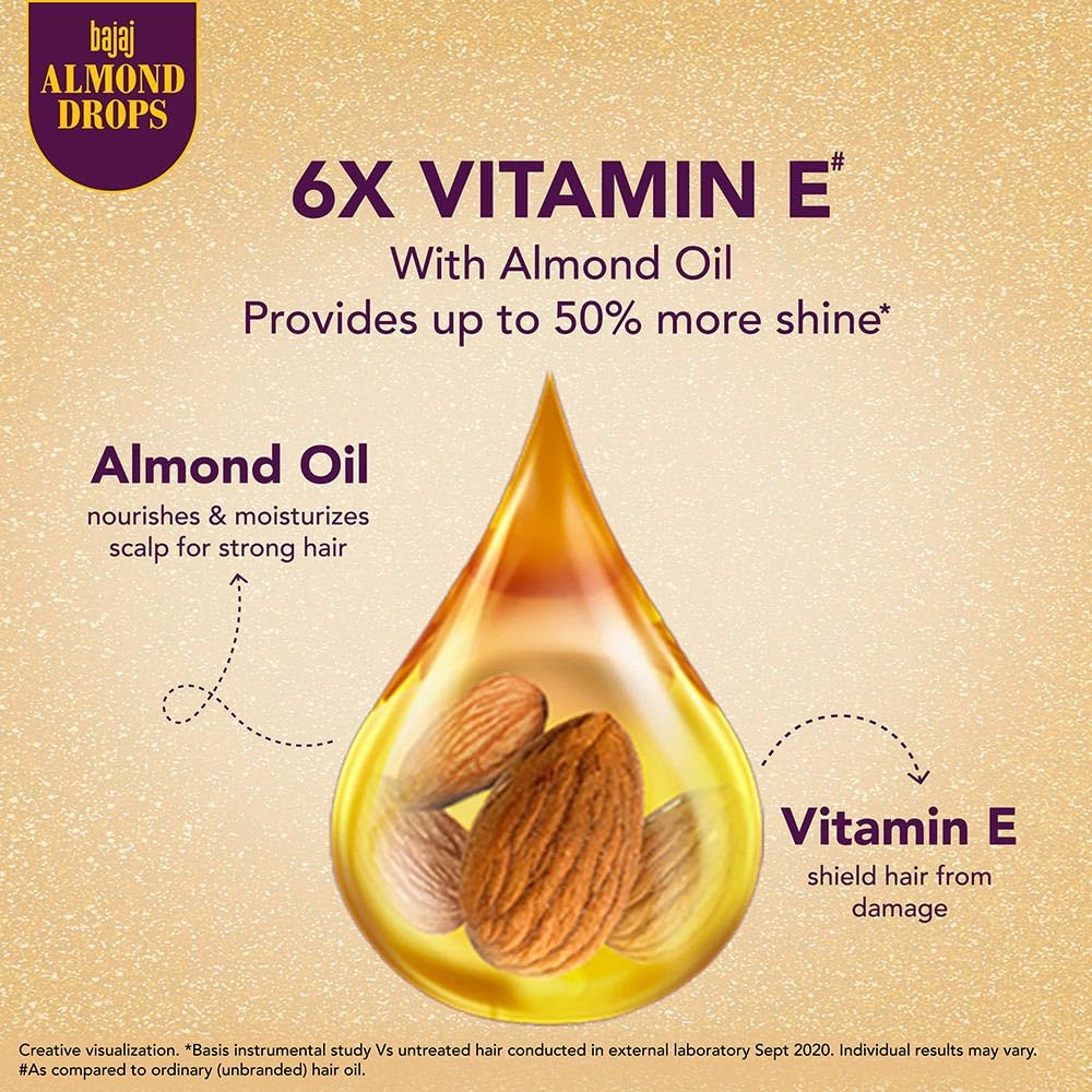 Bajaj Almond Drops Hair Oil, 190ml, 6X Vitamin E, Almond Oil, Light and Non Sticky, Hair Fall Control