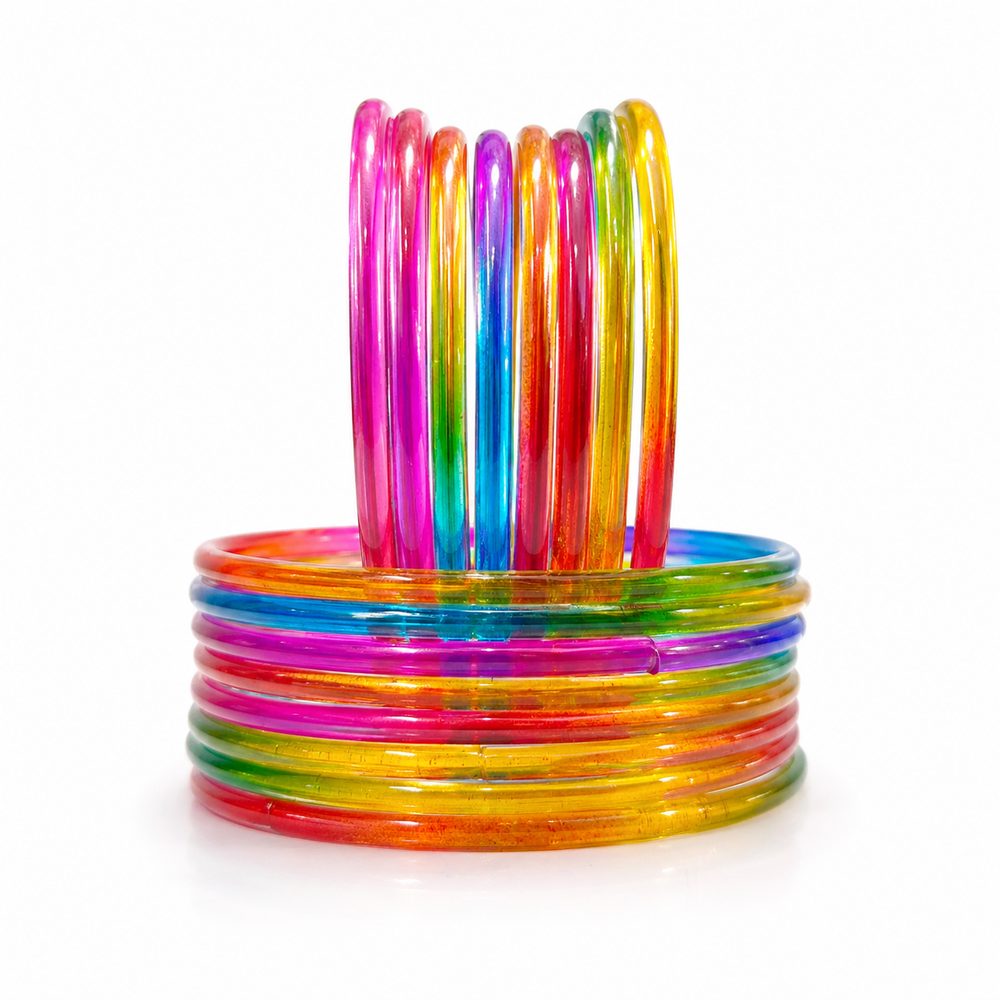 Rainbow multi Jelly Bangles Set of 24 – Glossy Transparent Colorful Stack