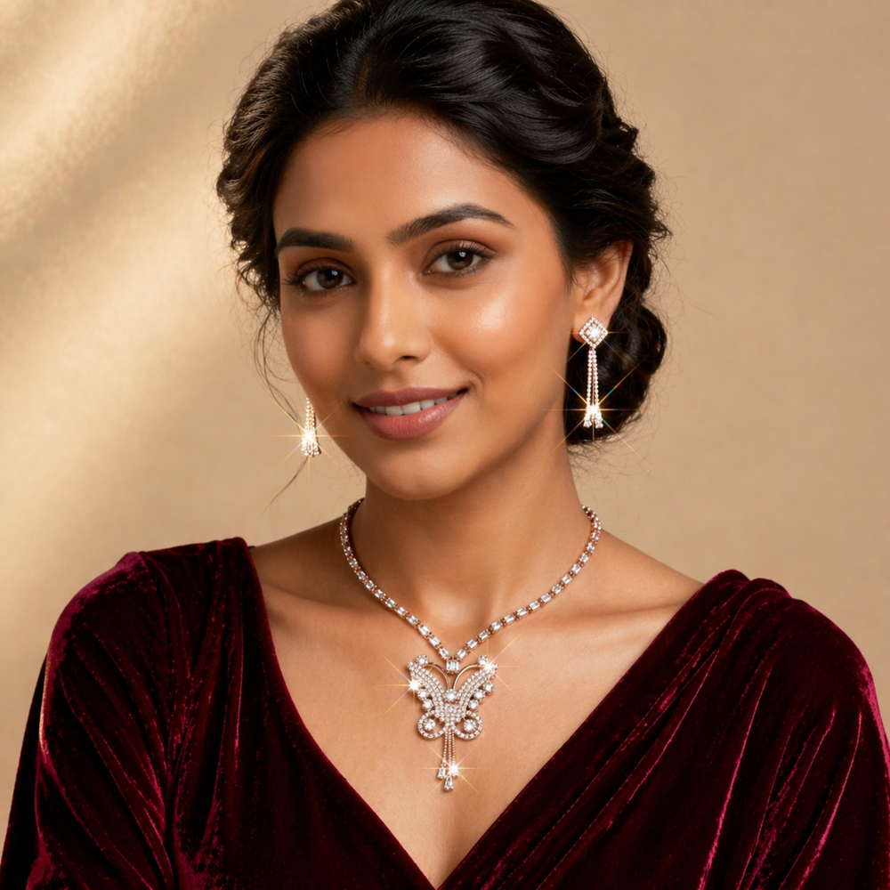 Premium Crystal Butterfly Necklace Set with Earrings – Anti-Tarnish Diamond Finish Jewelry