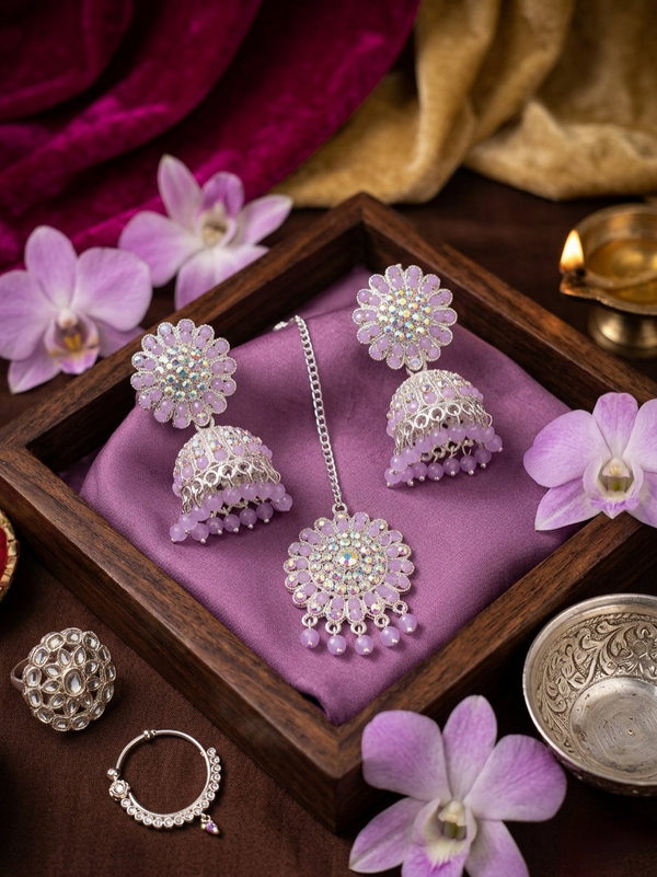 Pastel Purple Anti-Tarnish Earrings & Maang Tikka Set