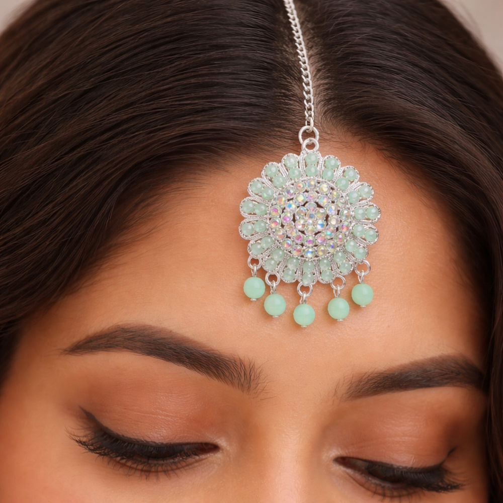 Mint Green Anti-Tarnish Jhumka Earrings & Maang Tikka Set✨