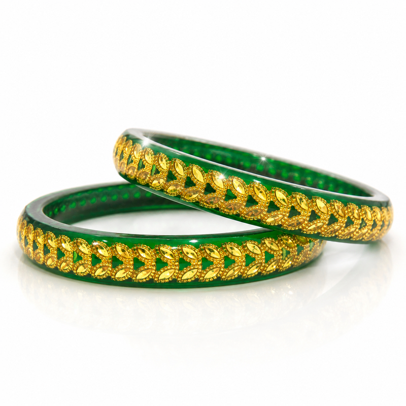 Trendy Green Gold Design Bangles Set | Lightweight Traditional Bangles for Women | (Pack of 2 Pcs)