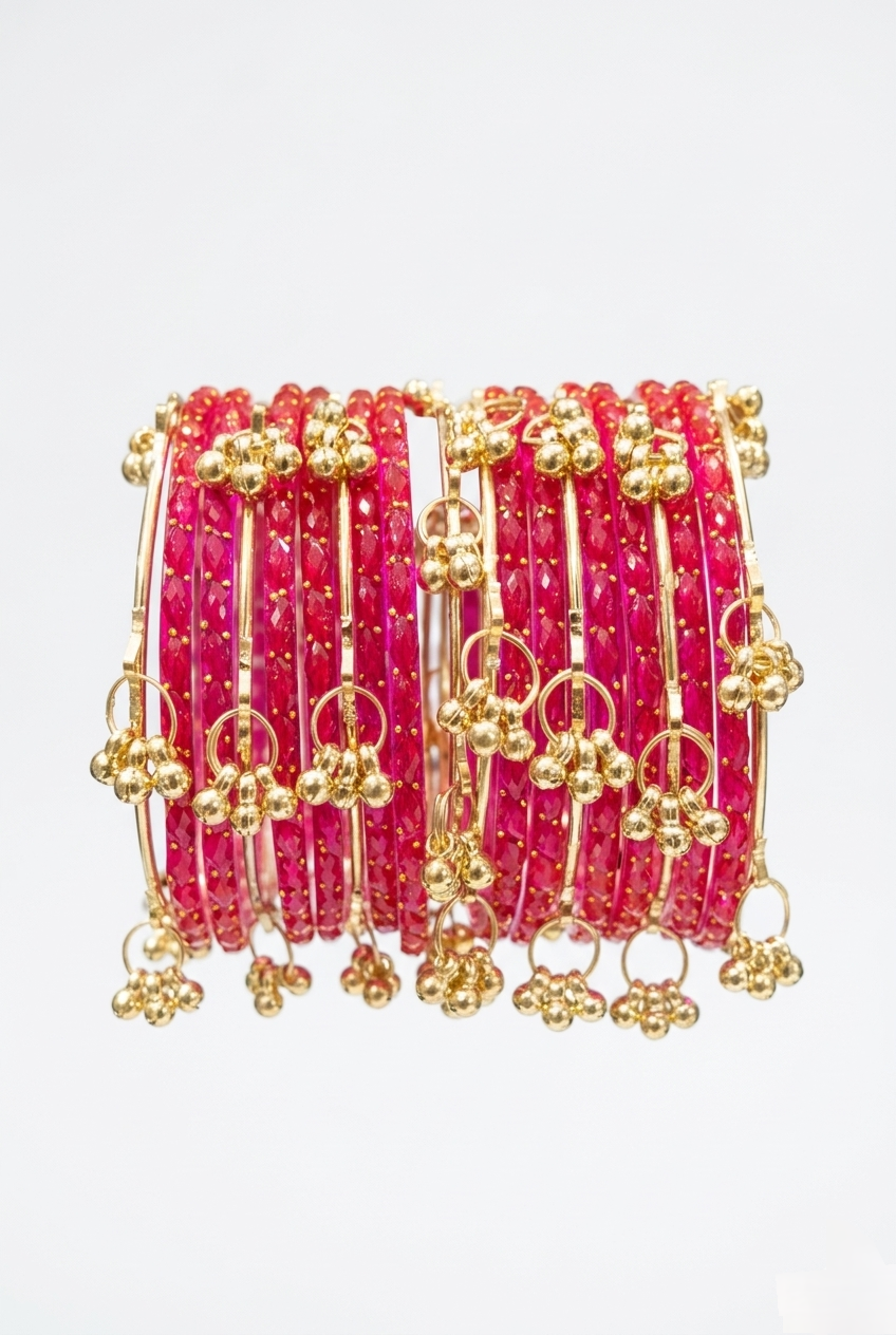 Trending Rani Pink Kashmiri Bangles with Gold Detailing & Sparkle Finish – Elegant Ethnic Wear