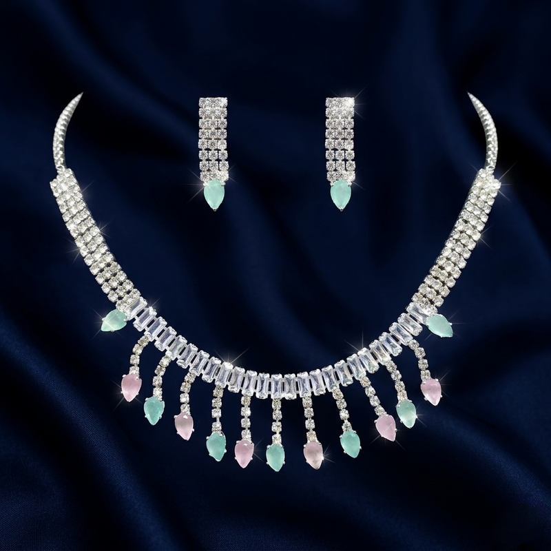 Luxury Anti-Tarnish Crystal Jewellery Set – Diamond Finish Necklace with Matching Earrings