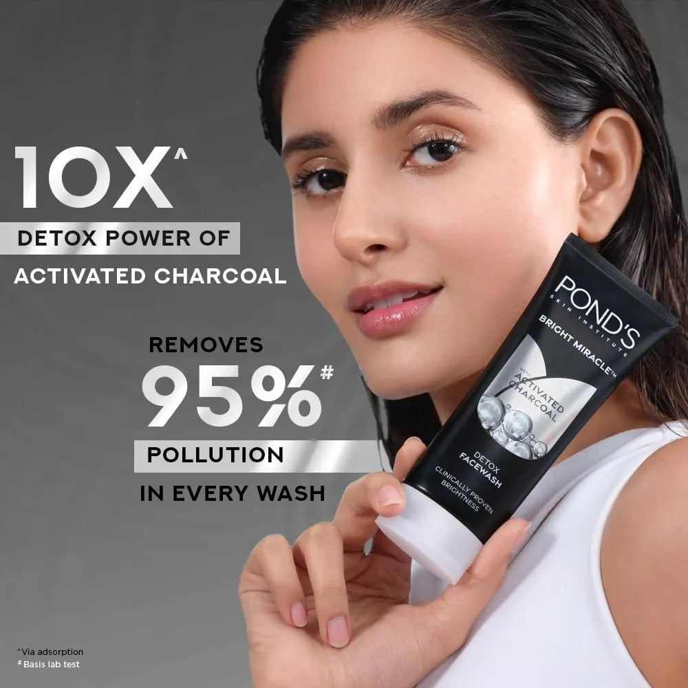 Ponds Bright Miracle Detox Facewash | 10X Power of Activated Charcoal| For Deep Cleaned Skin | Reveals Glow, Pollution Clear Face Wash, 100gm