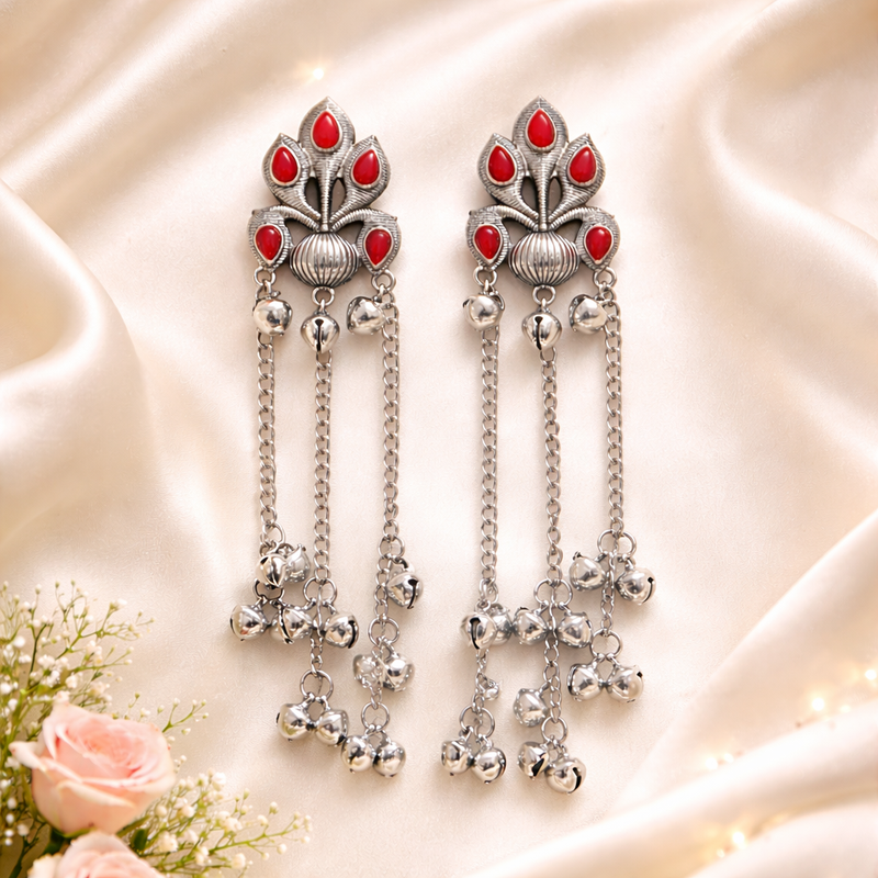 Kashmiri Trending Earrings with Red Stones and Silver Chain Tassels