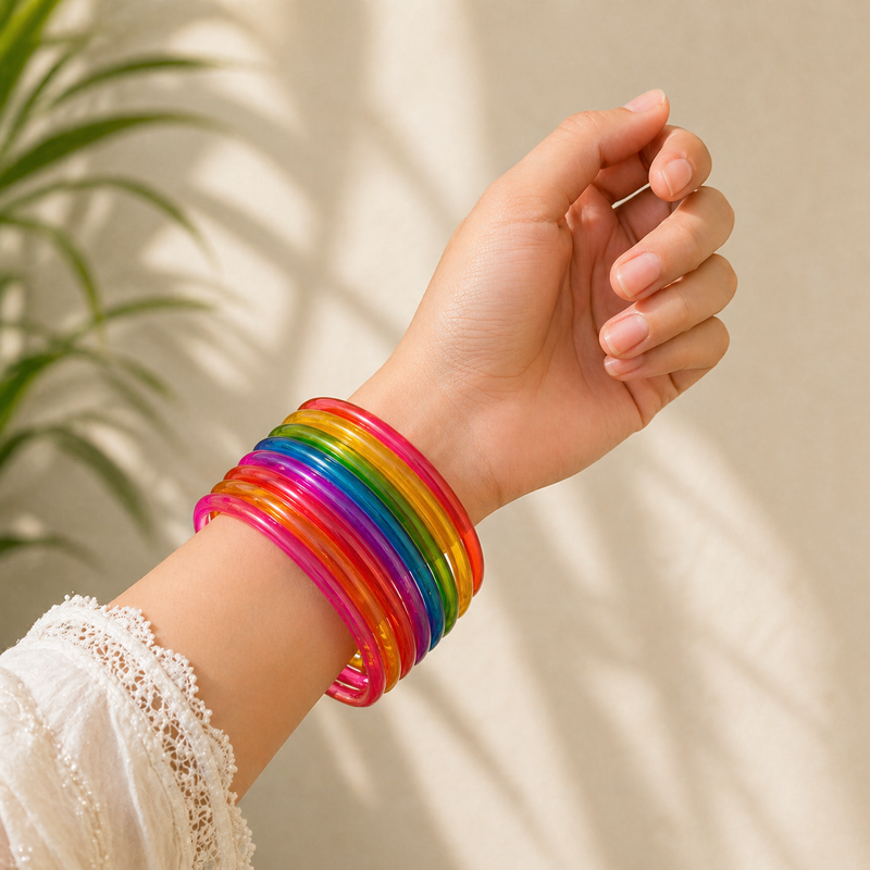 Rainbow multi Jelly Bangles Set of 24 – Glossy Transparent Colorful Stack