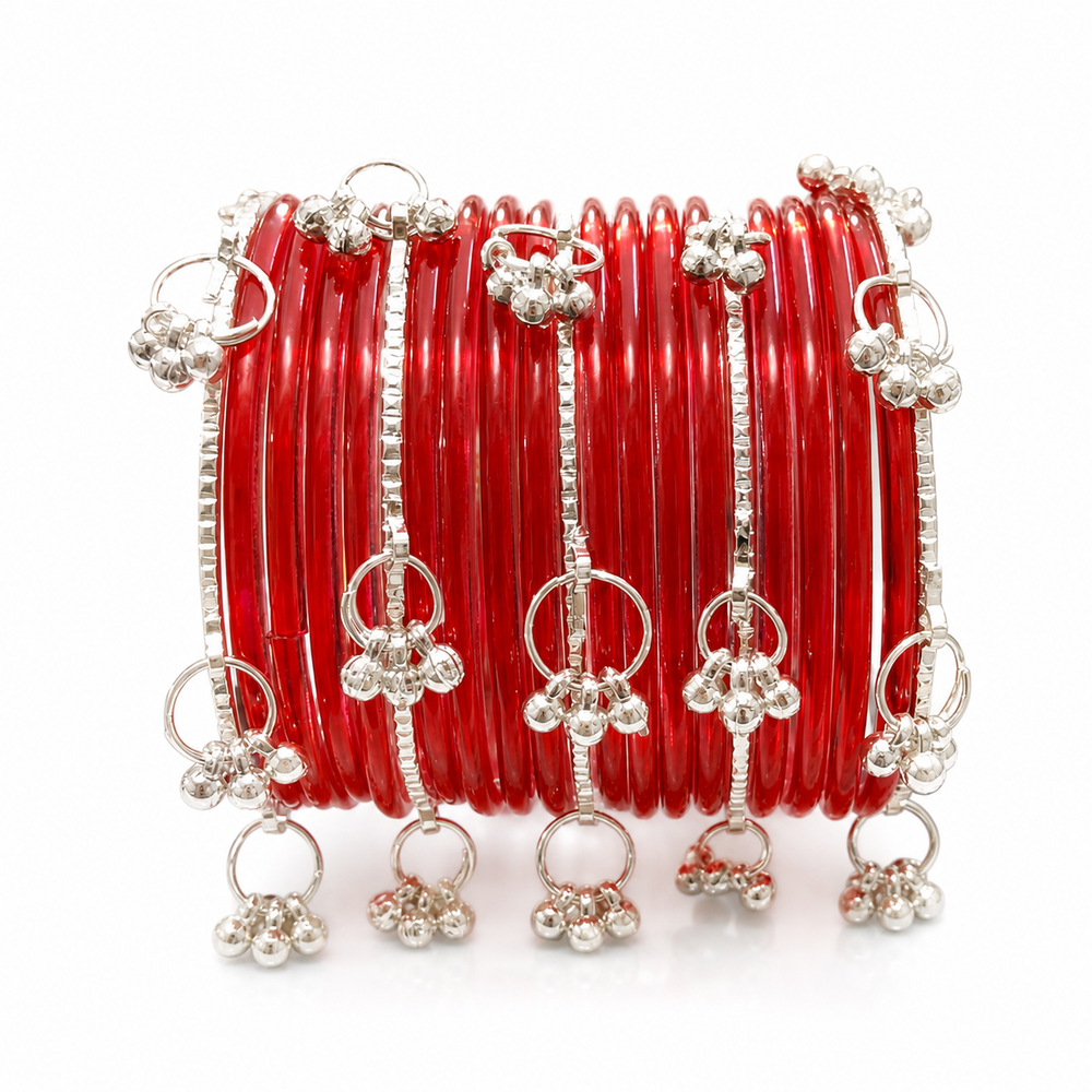 Red Transparent Bangles with Golden Ghungroo Design – Trendy Kashmiri Style Chudi Set