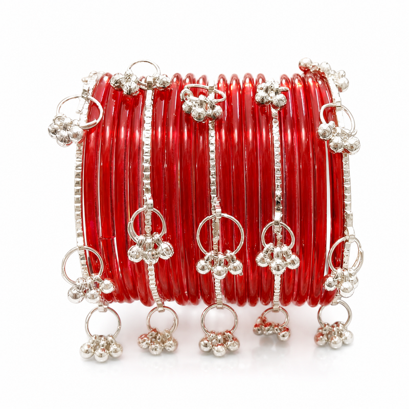 Red Transparent Bangles with Golden Ghungroo Design – Trendy Kashmiri Style Chudi Set