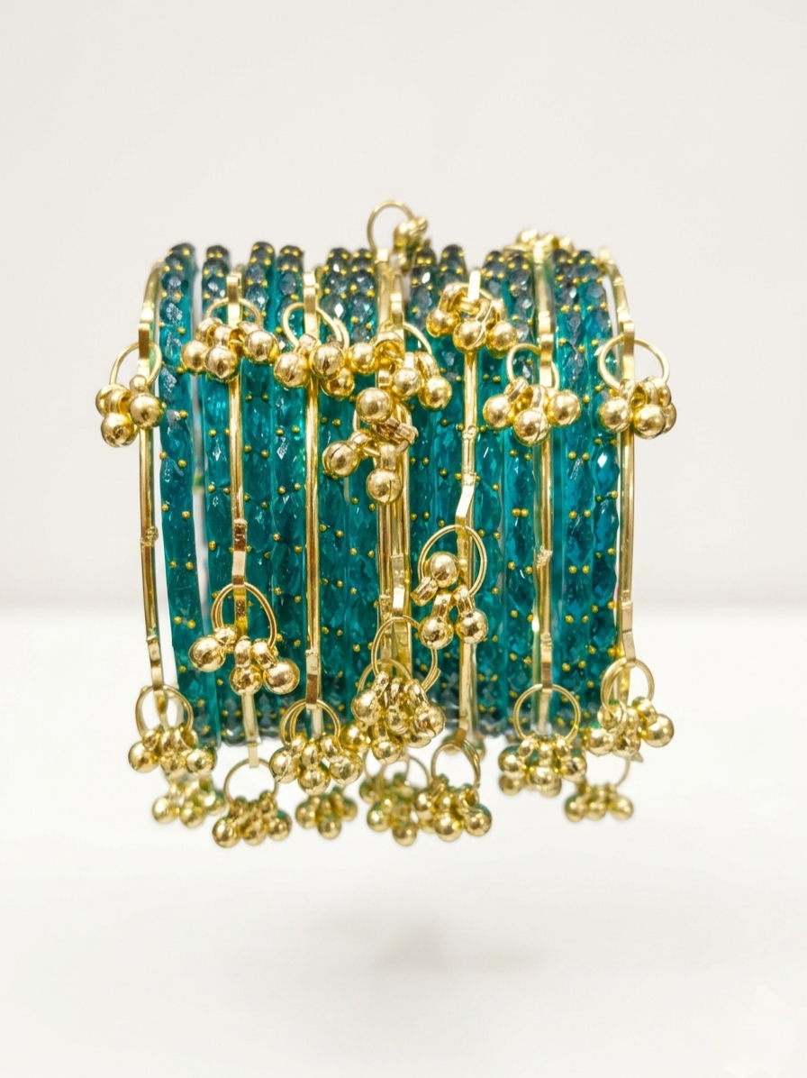 Luxury Teal Green Kashmiri Bangles Set with Gold Ghungroo Charms✨