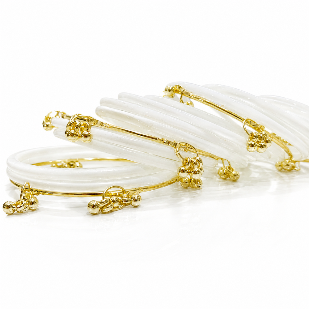 White Jelly Kashmiri Bangles Set with Gold Ghungroo – Elegant Bridal