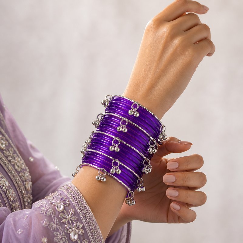 Stylish Purple Transparent Bangles with Silver Charm Design – Trendy Kashmiri Churi Set