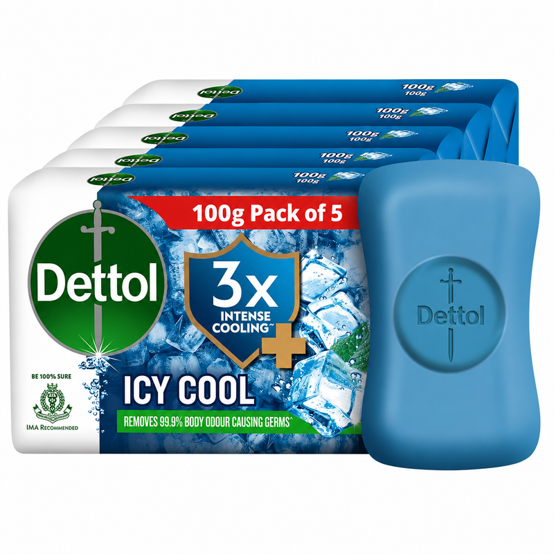 Dettol Icy Cool Bathing Soap Bar With 3x intense cooling (500gm), 100gm - Pack of 5