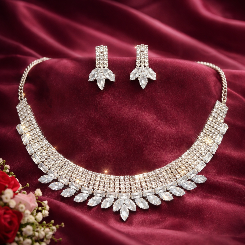Anti-Tarnish Crystal Necklace Set with Matching Earrings – White Stone Shine