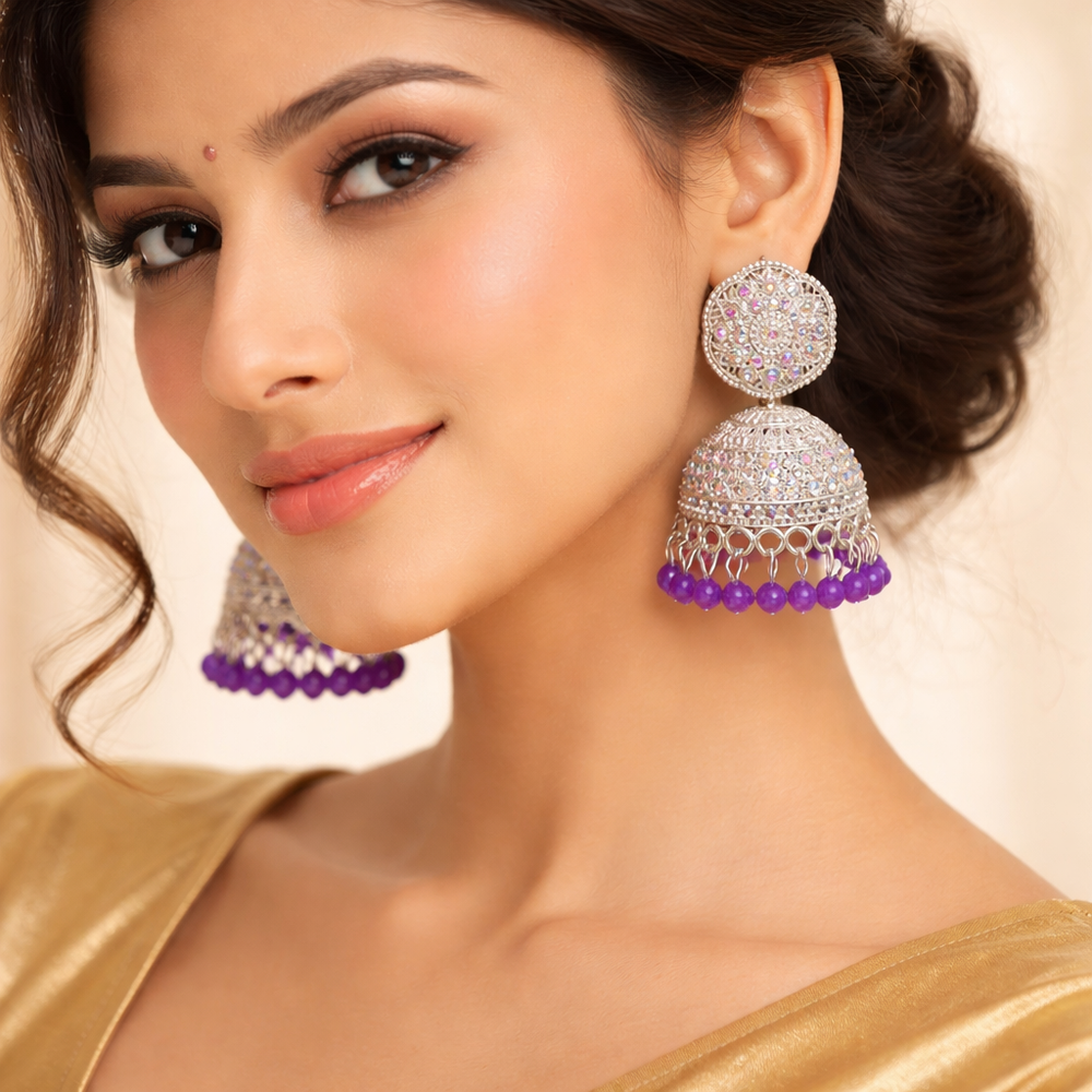 Luxury Anti-Tarnish Silver Jhumka with Purple Drop✨