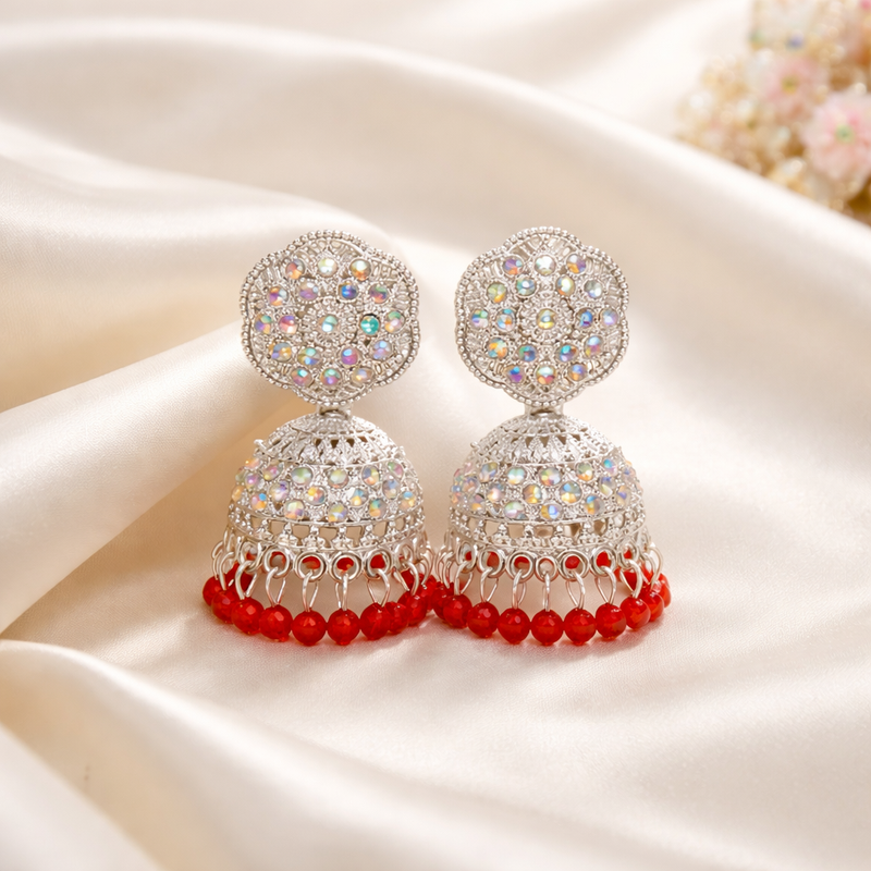 Anti-Tarnish Silver Plated Jhumka Earrings with Red Bead Drops✨
