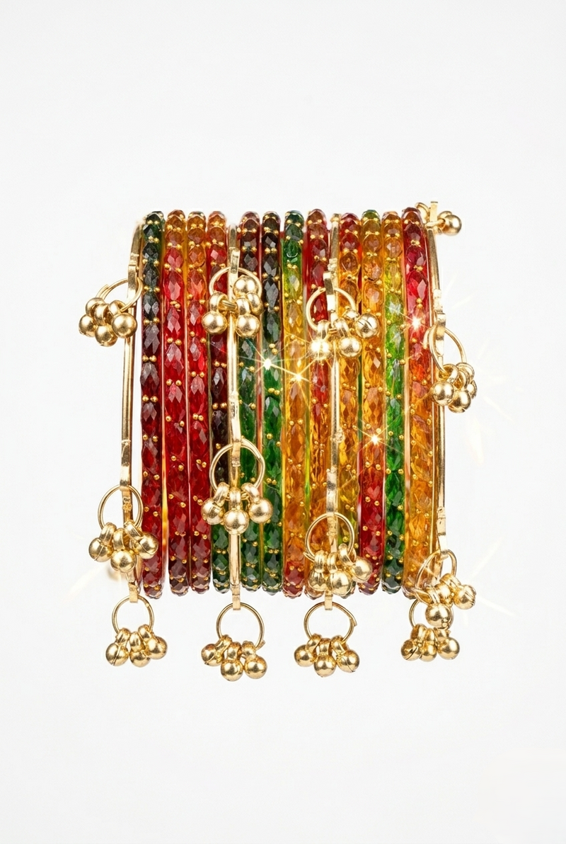 Kashmir Multi-Colour Traditional Bangles Set with Golden Ghungroo Charms for girls & women