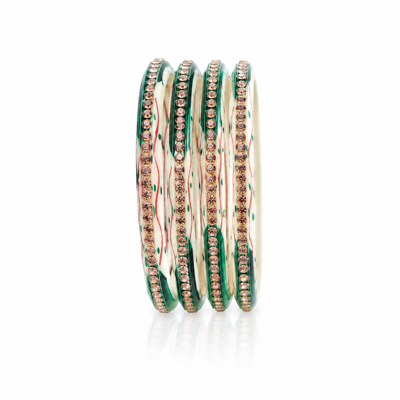 Traditional Green Stone Work Bangles for Women | Lightweight Fashion Bangles | Pack of 4 Pcs