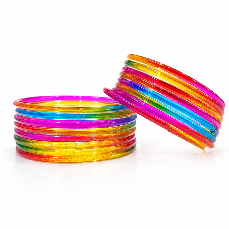 Rainbow multi Jelly Bangles Set of 24 – Glossy Transparent Colorful Stack