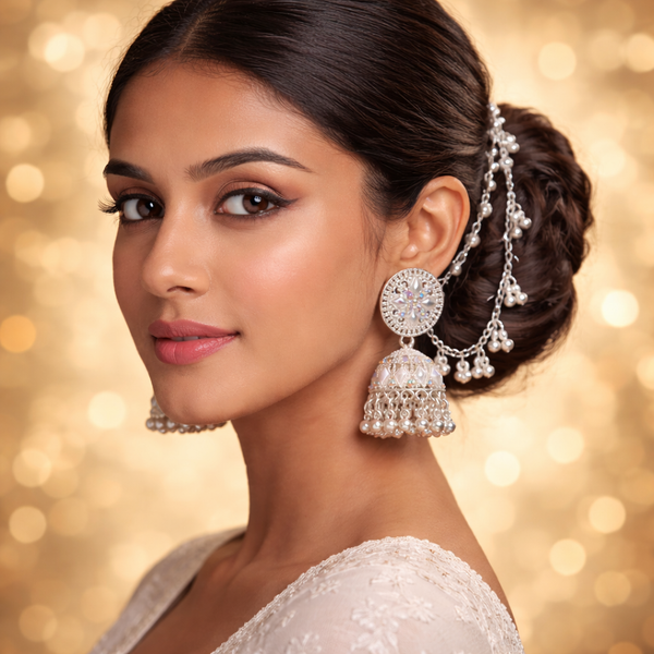 Luxury Anti-Tarnish Crystal Jhumka Earrings – Silver Ethnic Design