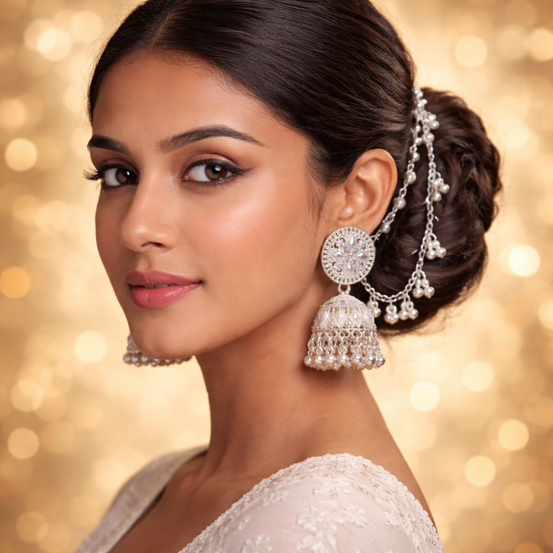 Luxury Anti-Tarnish Crystal Jhumka Earrings – Silver Ethnic Design