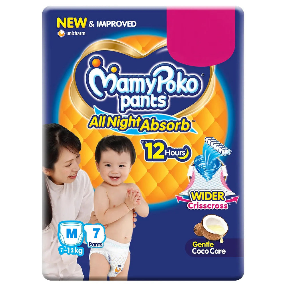 MamyPoko Pants All Night Absorb Baby Diapers, Medium (M), 7 Count 7-12 kg