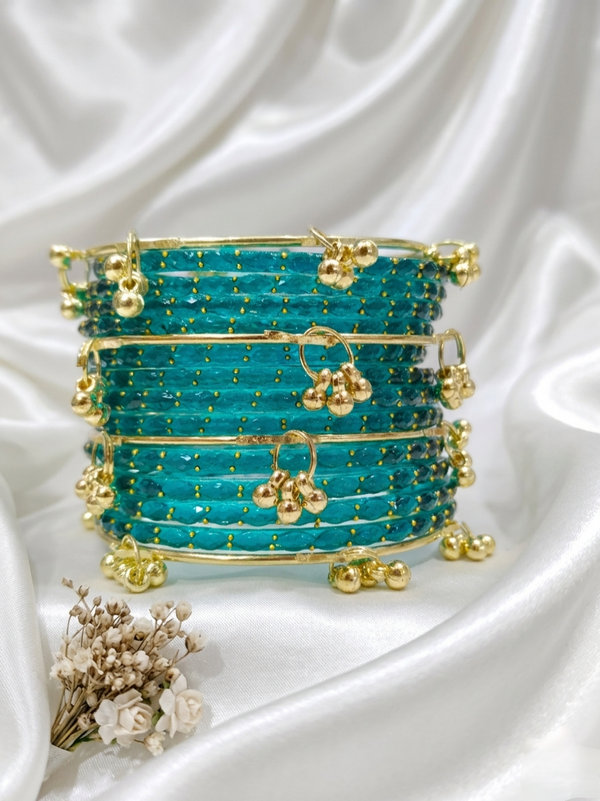 Luxury Teal Green Kashmiri Bangles Set with Gold Ghungroo Charms✨