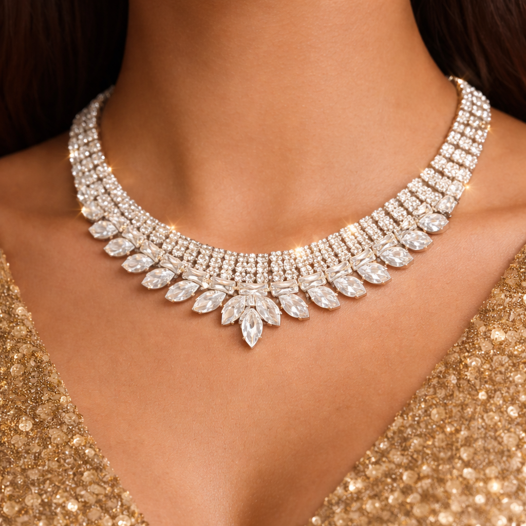 Anti-Tarnish Crystal Necklace Set with Matching Earrings – White Stone Shine