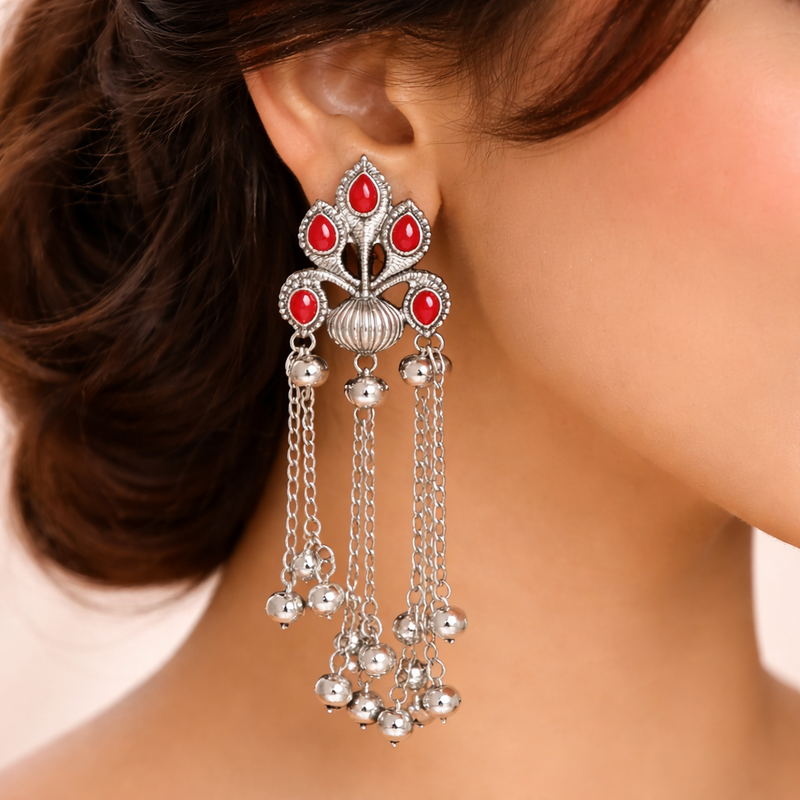 Kashmiri Trending Earrings with Red Stones and Silver Chain Tassels