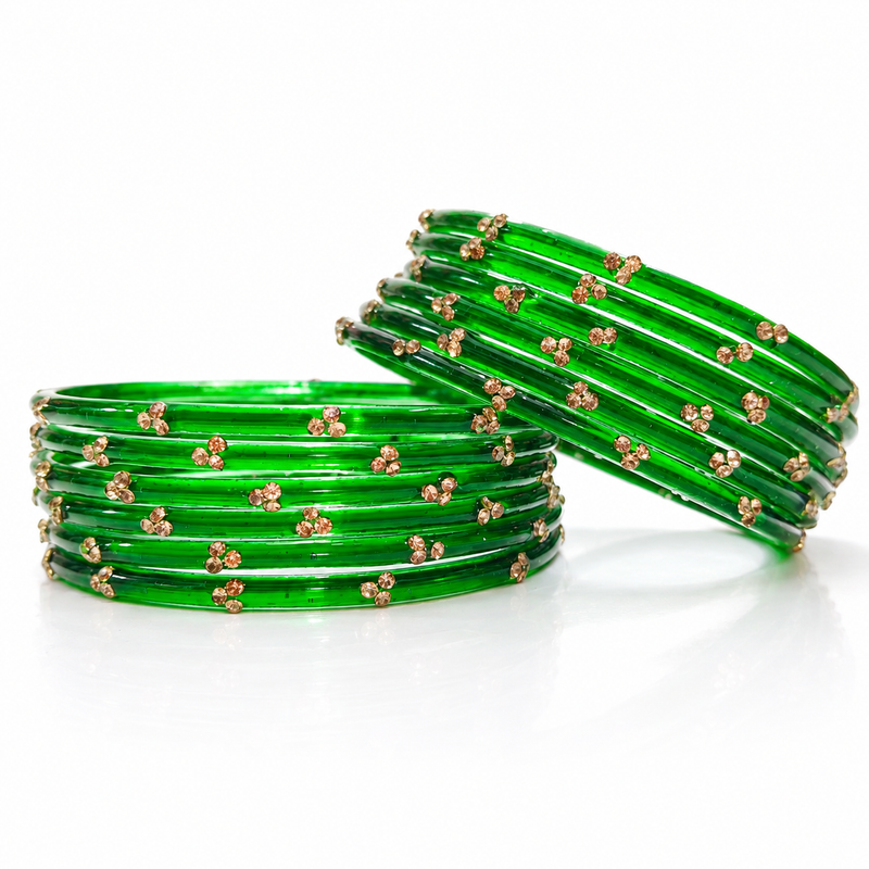 Sawan Special Green Glass Bangles|Set of 12 Pcs