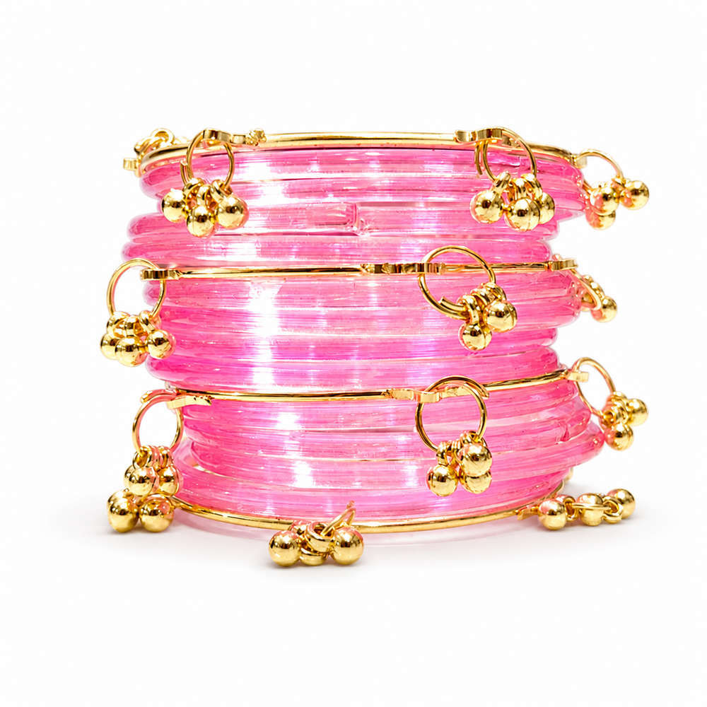 Soft Pink Jelly Kashmiri bangles golden Charms – Beautiful Ethnic (Set of 24)