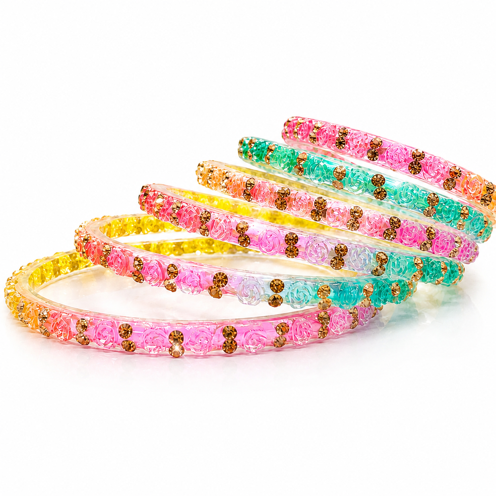 New Multi Colour Rose Design Bangles for Women and girls| (Set of 12)