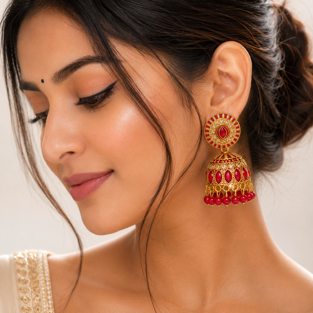 Anti Tarnish Red Designer Jhumki Earrings✨