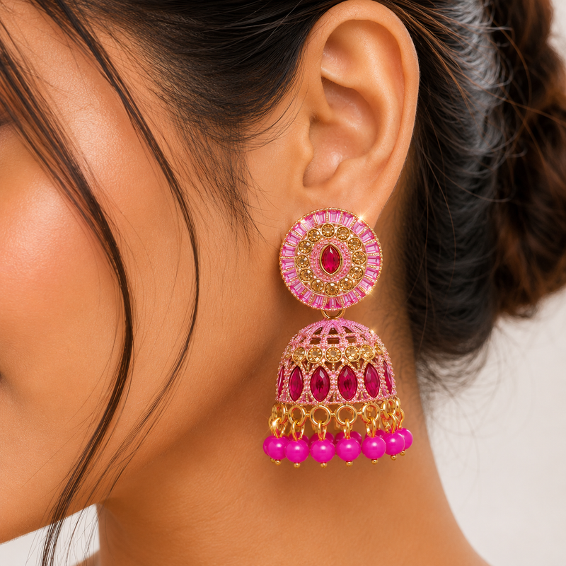 Anti Tarnish Pink Stone Jhumka Earrings-