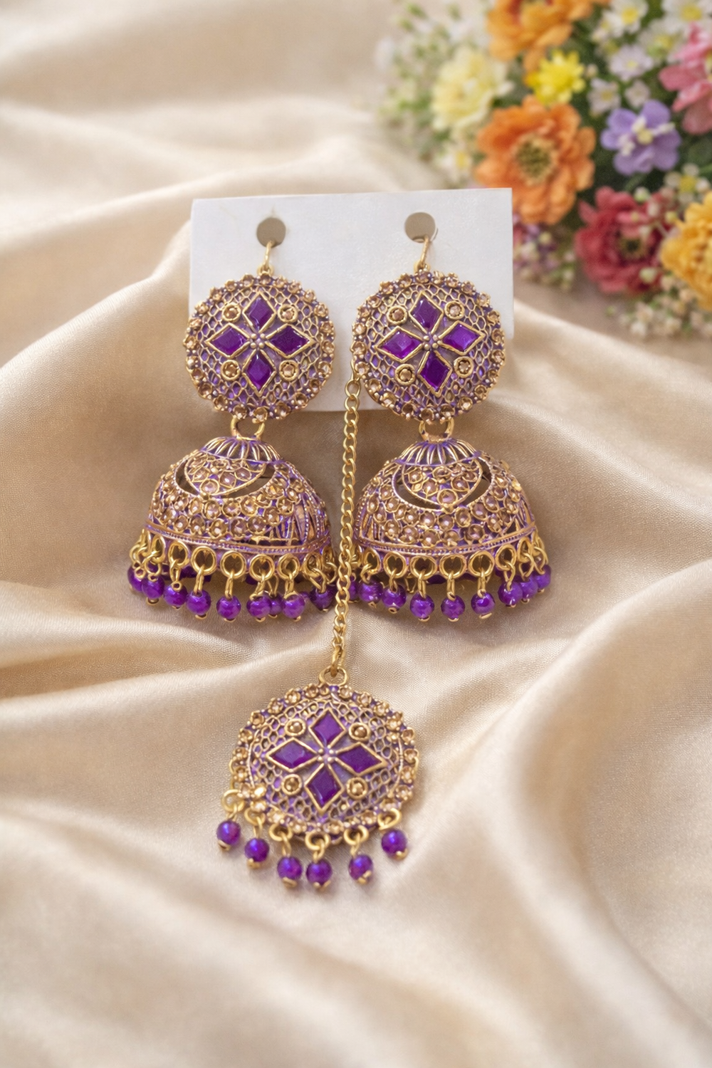 Anti-Tarnish Elegant Gold Finish Earrings with Matching Tika Set