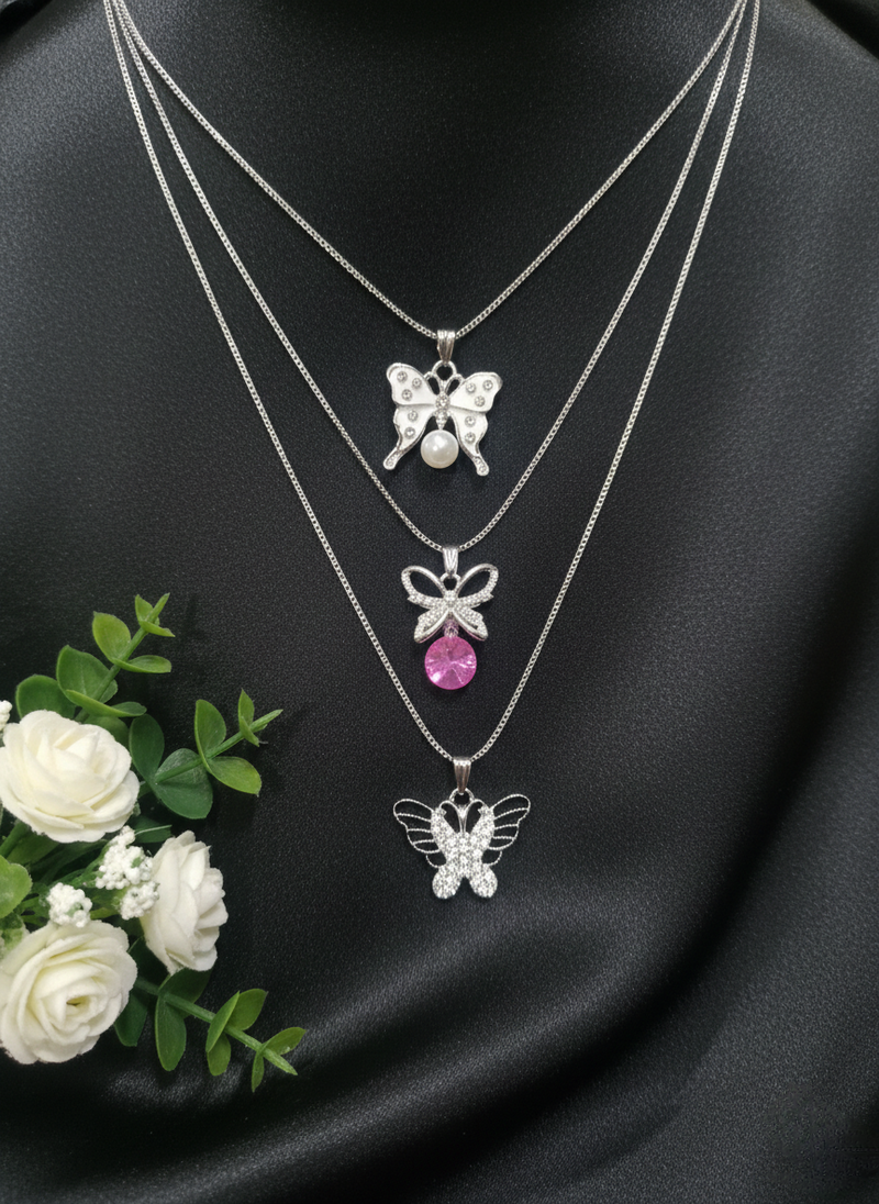 Anti-Tarnish Butterfly Necklace Pack of 3 Elegant Silver Finish